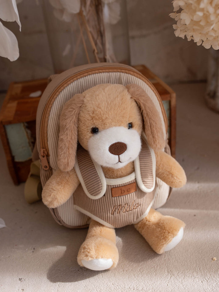 Milo the Puppy personalised Little BFF Companion Backpack, with the detachable puppy plush on the front