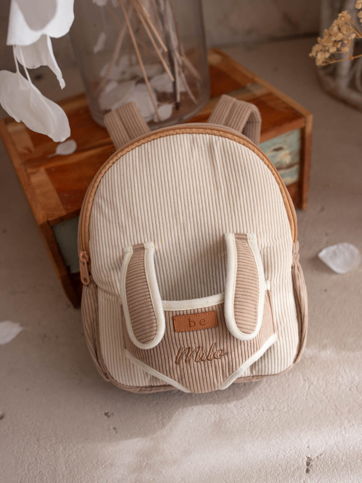 Milo the Puppy personalised Little BFF Companion Backpack, front view with the embroidered name on the corduroy panel