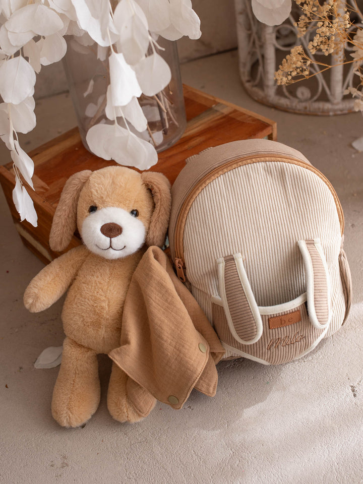 Milo the Puppy personalised Little BFF Companion Backpack, shown with the detachable plush and matching comforter