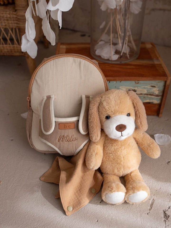 Milo the Puppy personalised Little BFF Companion Backpack, with the detachable puppy plush and matching comforter