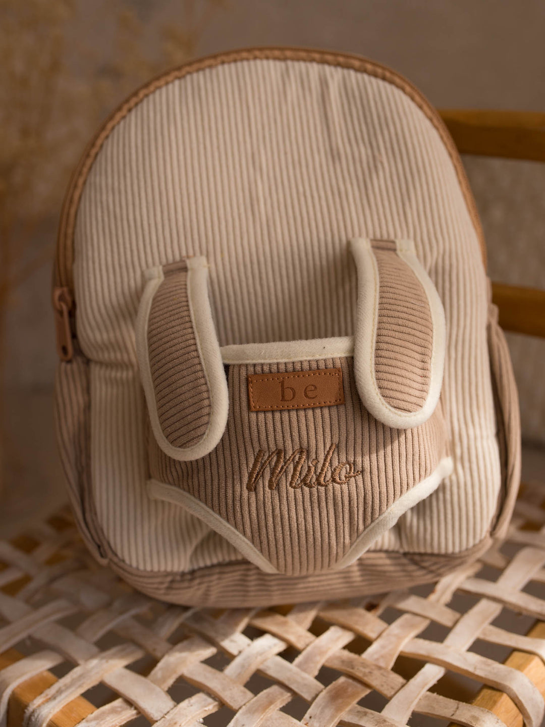 Milo the Puppy personalised plush backpack for kids, backpack front with the puppy in place - Before & Ever Kids