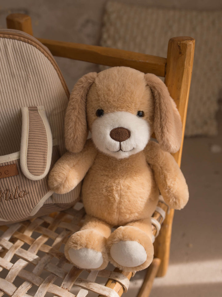 Milo the Puppy personalised plush backpack for kids, plush puppy beside the corduroy backpack - Before & Ever Kids