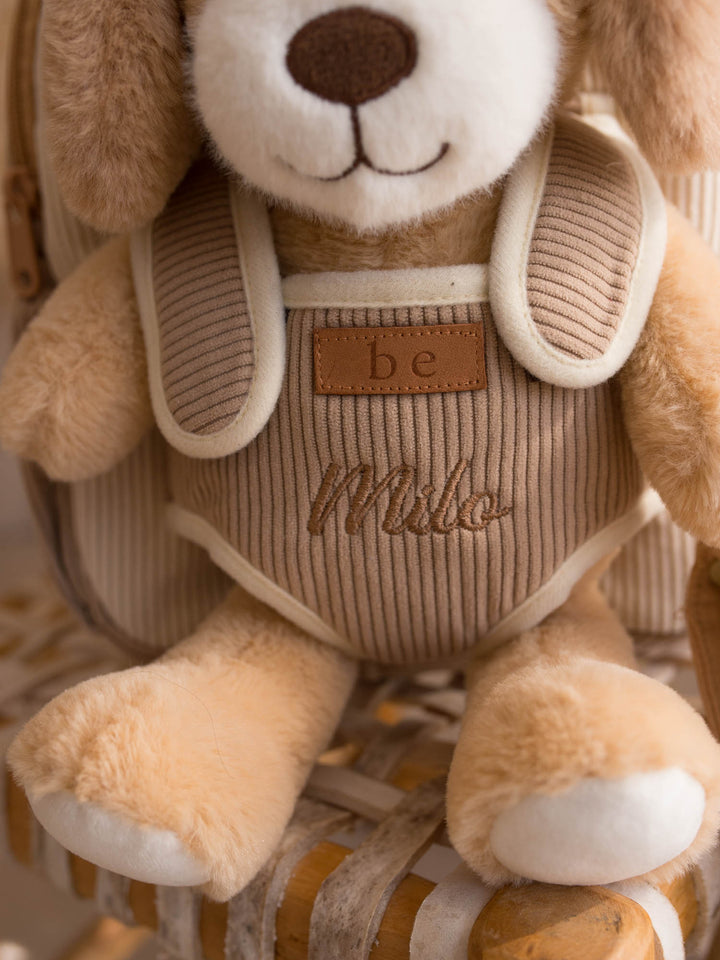 Milo the Puppy personalised plush backpack for kids, close up of the corduroy front panel - Before & Ever Kids