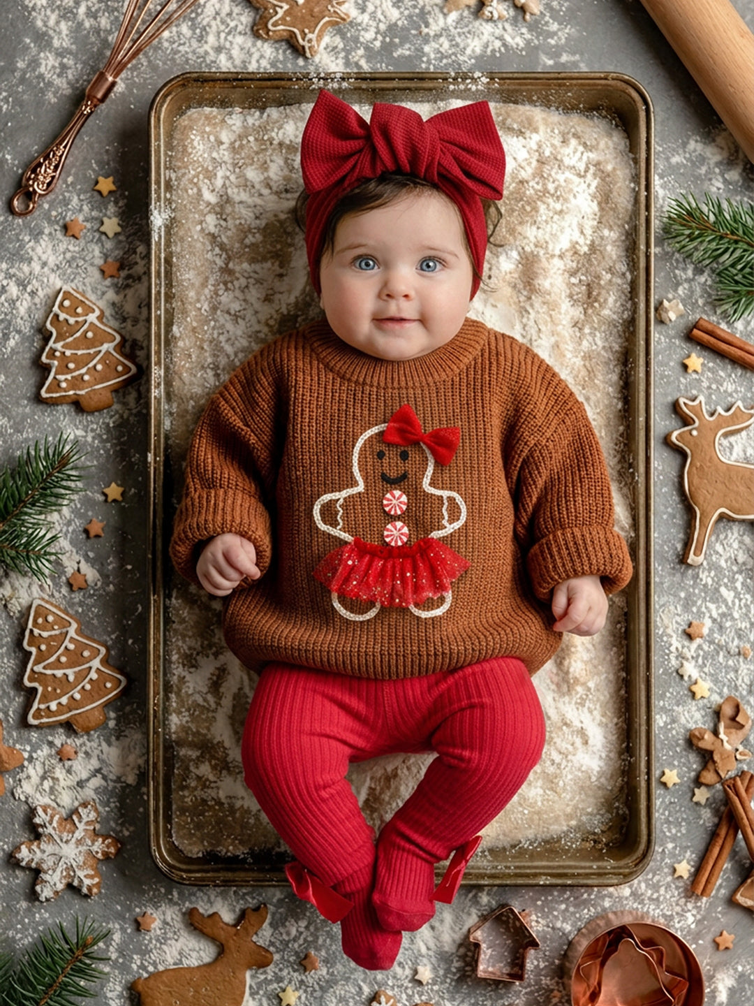 Miss Gingerbread Sweater caramel brown chunky knit with red bow and red tulle skirt detail, on a baby girl in a red bow headband and red tights - Before & Ever Kids