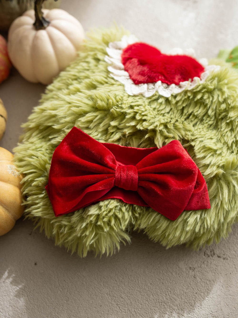 Miss Grump green faux-fur hair bow with red velvet and heart - Before & Ever Kids