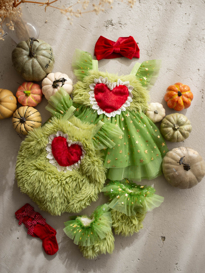 Miss Grump green faux-fur hair bow with red velvet and heart - Before & Ever Kids