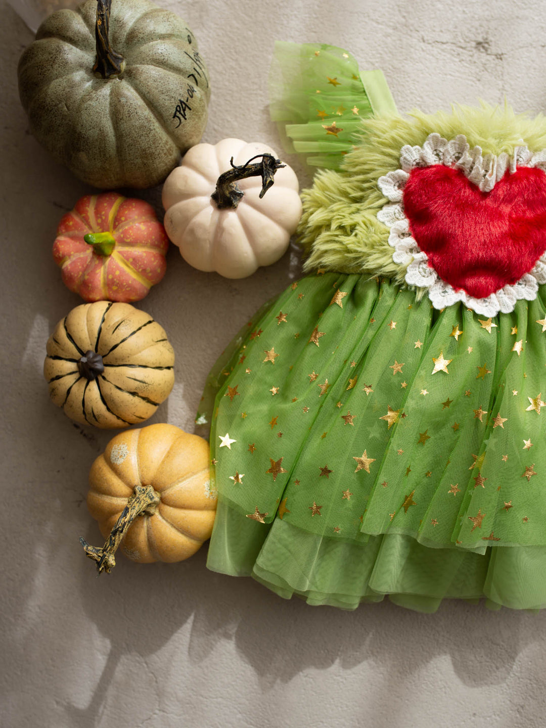 Miss Grump green faux-fur and tulle festive dress with red heart - Before & Ever Kids