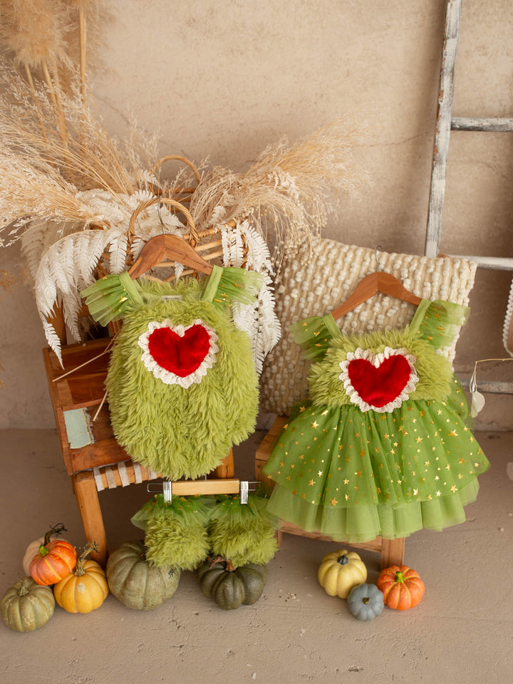 Miss Grump green faux-fur and tulle festive dress with red heart - Before & Ever Kids