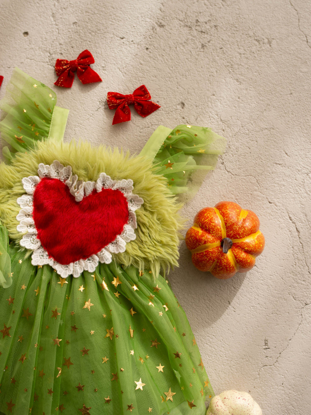 Miss Grump green faux-fur and tulle festive dress with red heart - Before & Ever Kids