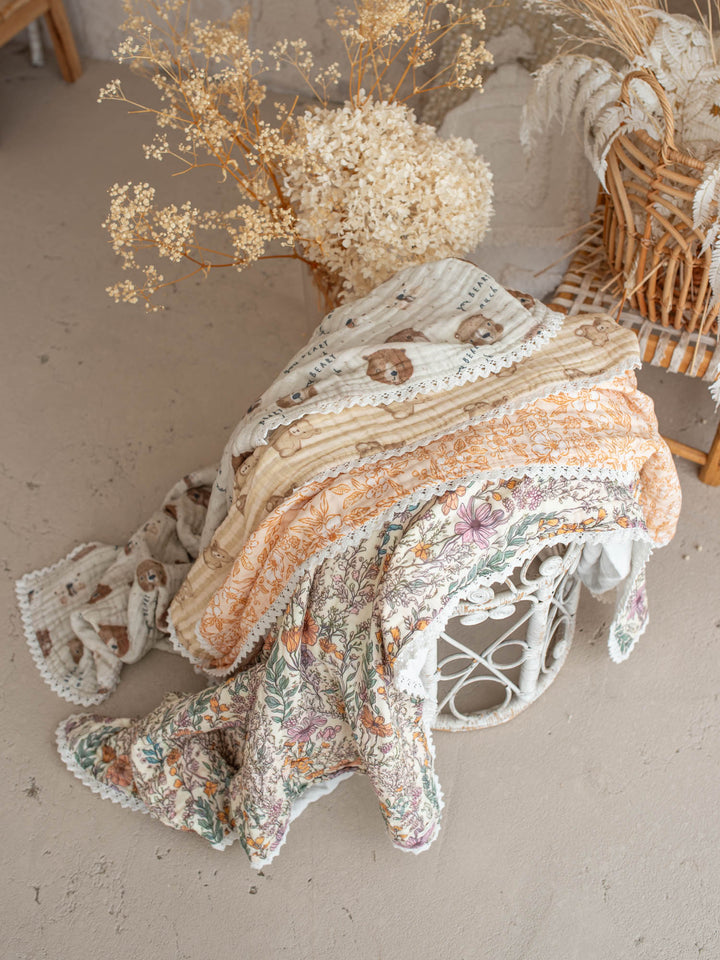 Mr Bear Beary Much teddy bear muslin baby blanket with lace trim - Before & Ever Kids