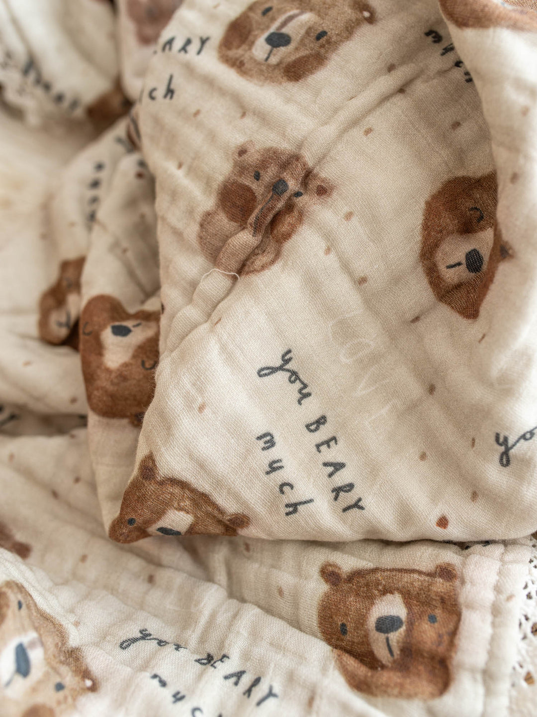 Mr Bear Beary Much teddy bear muslin baby blanket with lace trim - Before & Ever Kids