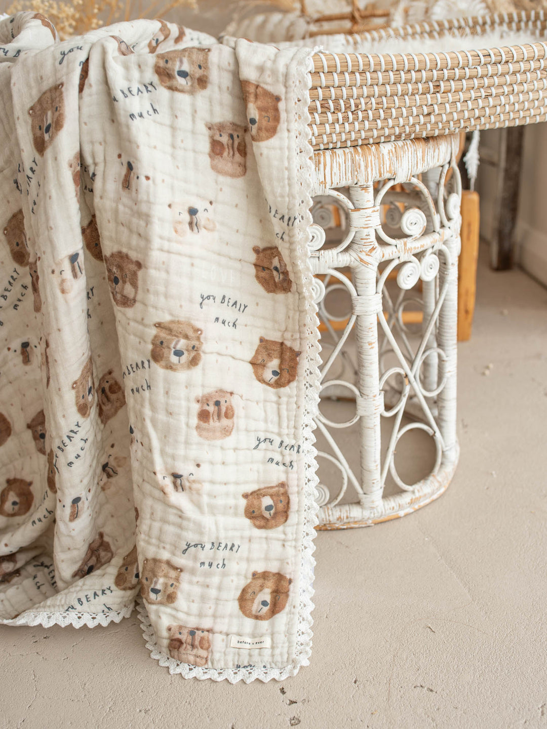 Mr Bear Beary Much teddy bear muslin baby blanket with lace trim - Before & Ever Kids