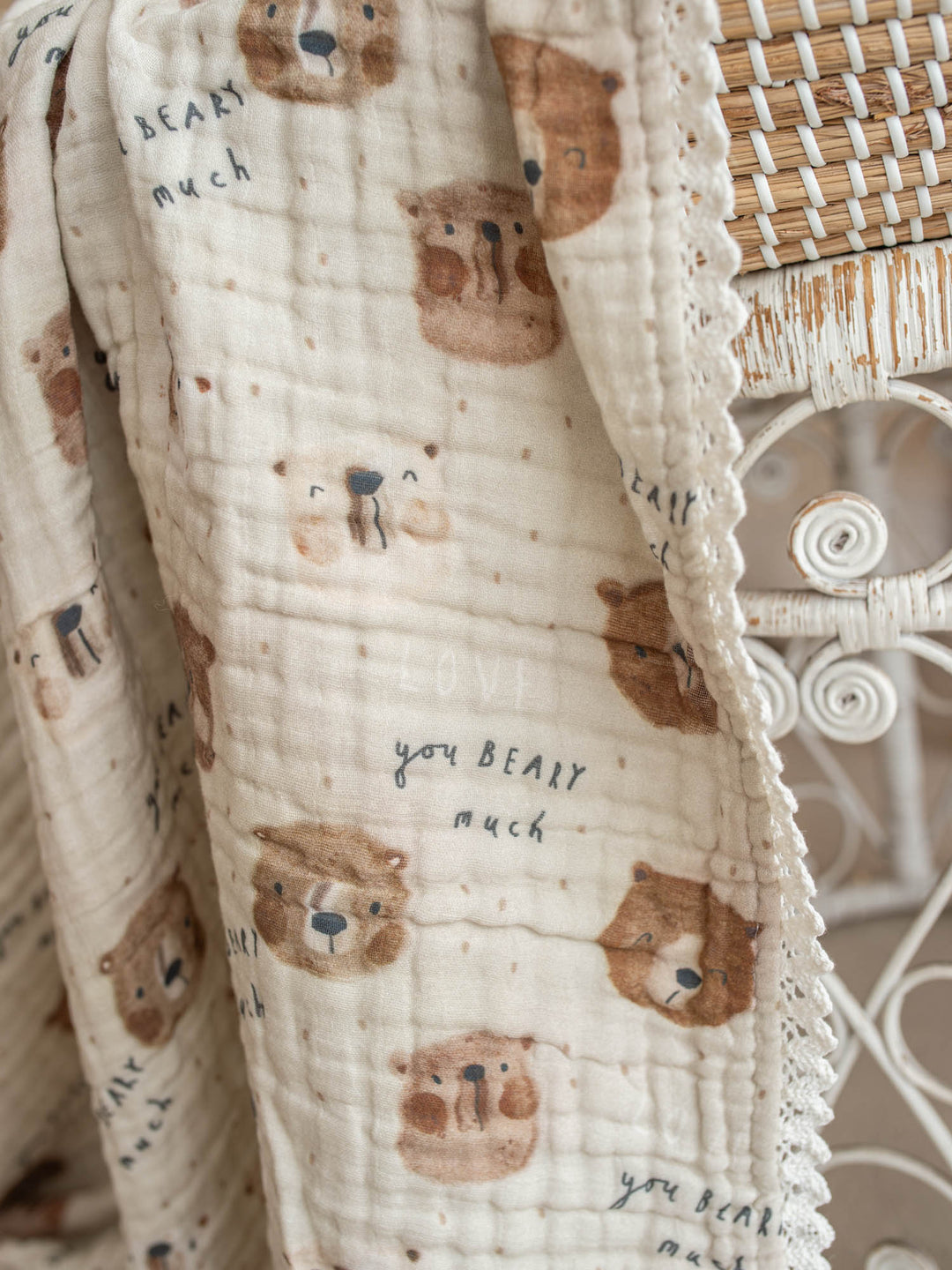 Mr Bear Beary Much teddy bear muslin baby blanket with lace trim - Before & Ever Kids