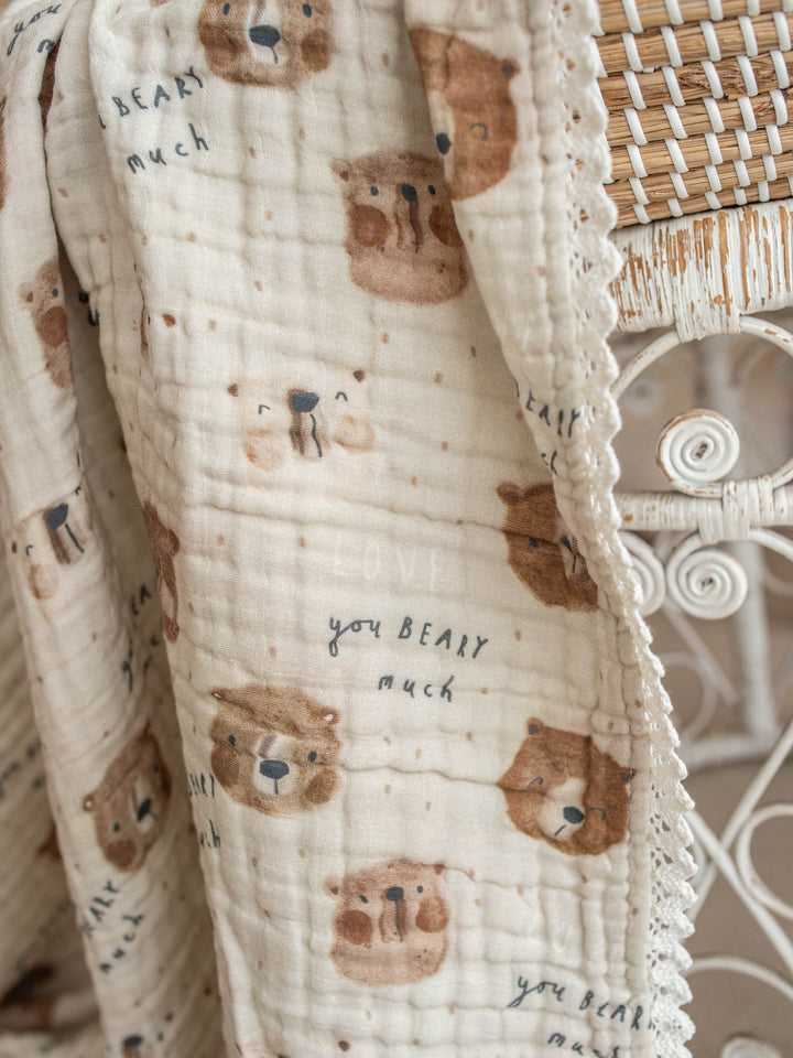 Mr Bear Beary Much teddy bear muslin baby blanket with lace trim - Before & Ever Kids