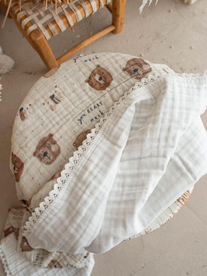 Mr Bear Beary Much teddy bear muslin baby blanket with lace trim - Before & Ever Kids