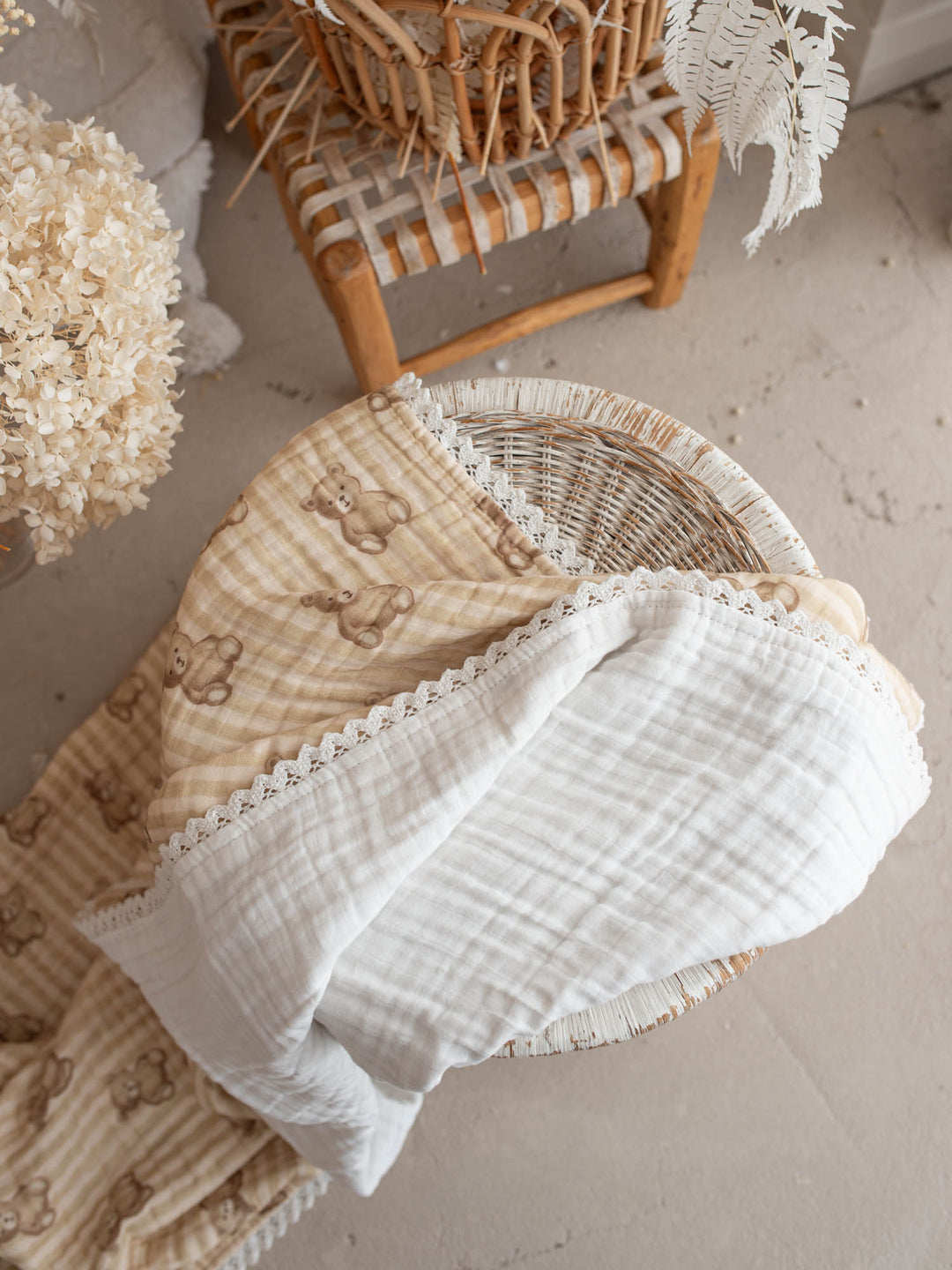 Mr Bear Teddy Stripe teddy bear muslin baby blanket with lace trim - Before & Ever Kids