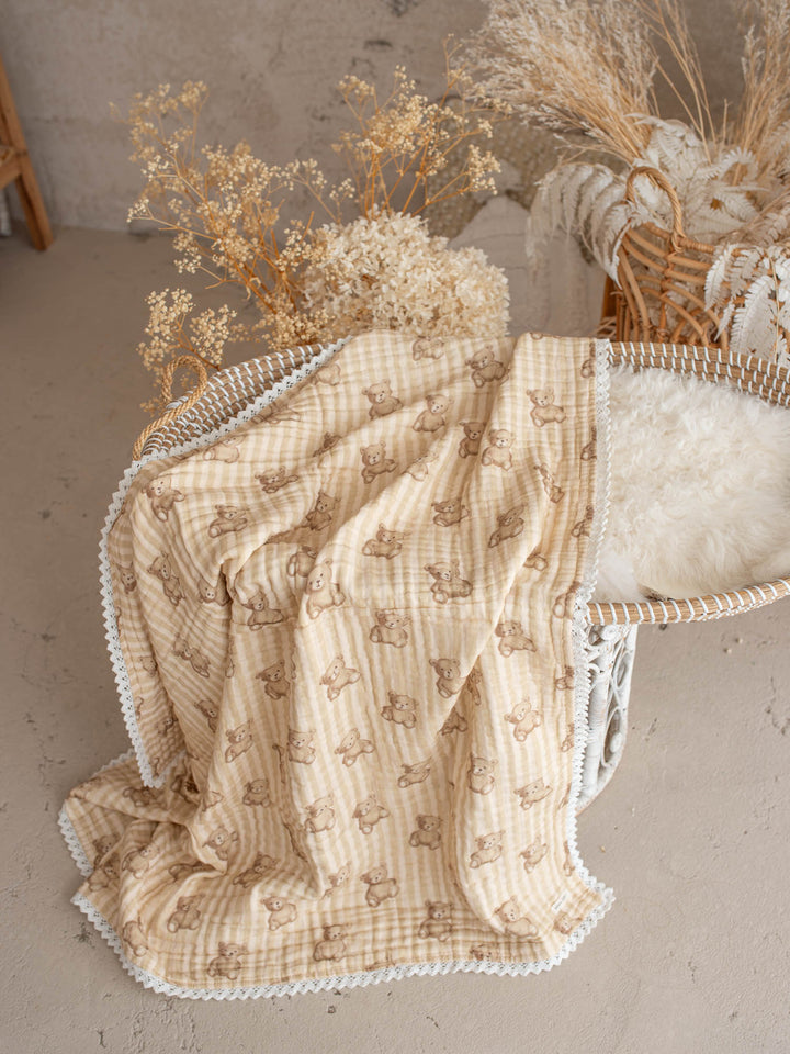 Mr Bear Teddy Stripe teddy bear muslin baby blanket with lace trim - Before & Ever Kids