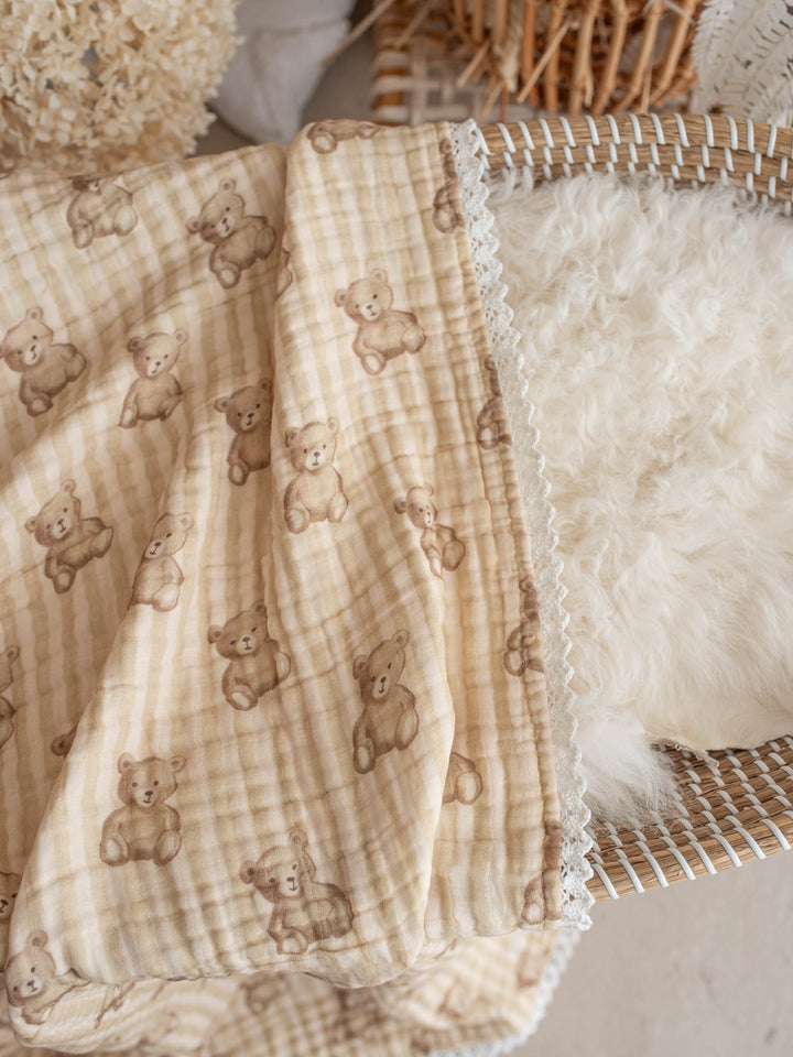 Mr Bear Teddy Stripe teddy bear muslin baby blanket with lace trim - Before & Ever Kids