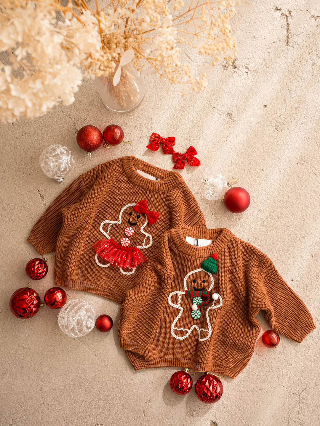 Mr Gingerbread Sweater brown caramel chunky knit sweater with an embroidered gingerbread boy in a green beanie and striped scarf - Before & Ever Kids