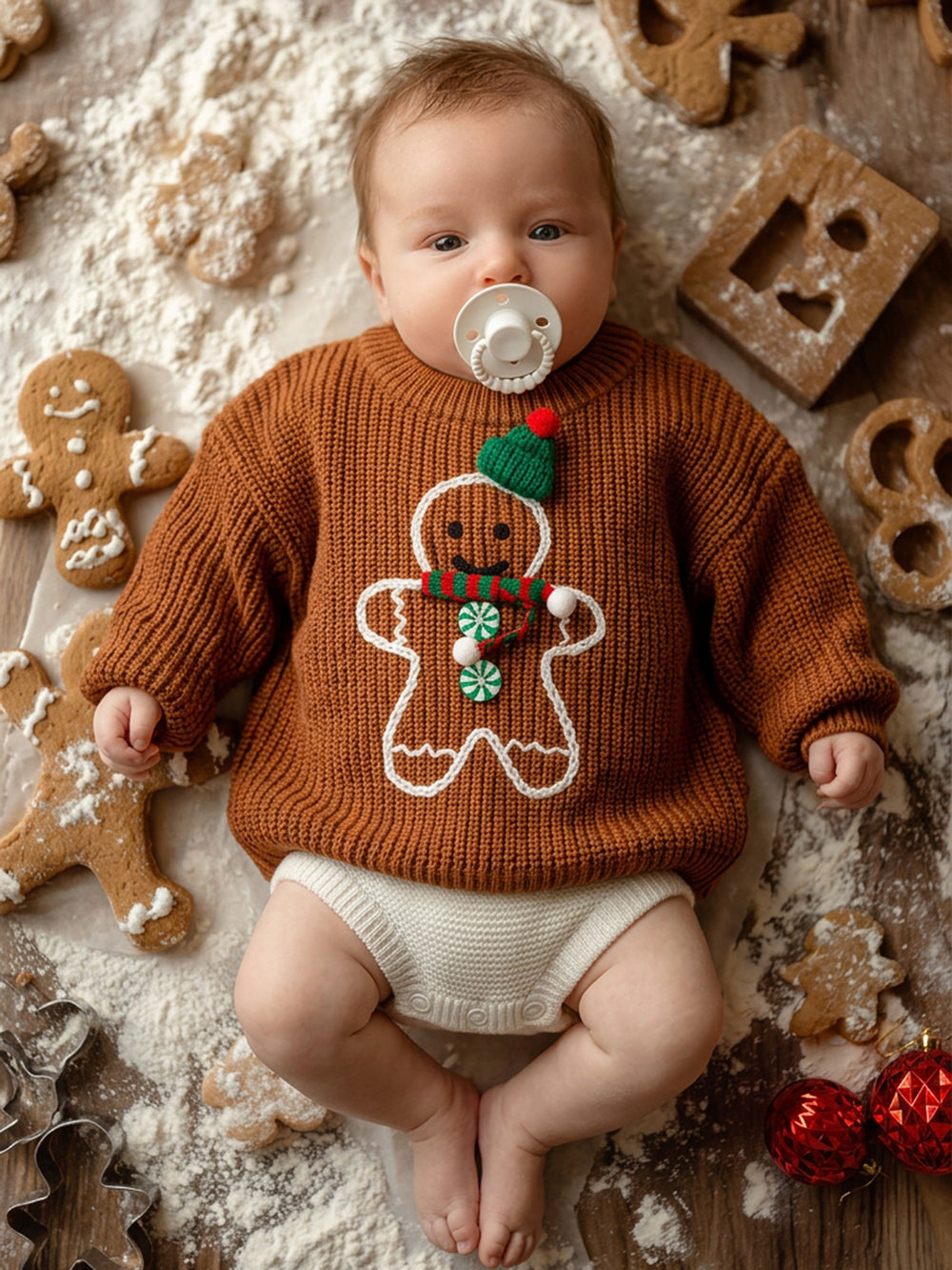 Mr Gingerbread Sweater caramel brown chunky knit on a baby lying in flour with gingerbread men and cookie cutters - Before & Ever Kids