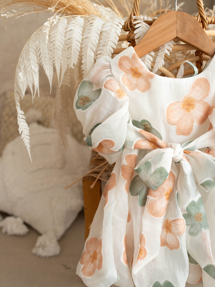 Paint Me a Garden peach meadow floral baby dress with puff sleeves - Before & Ever Kids