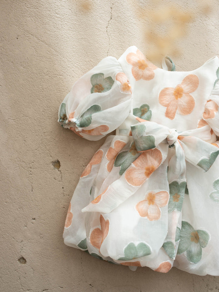 Paint Me a Garden peach meadow floral baby dress with puff sleeves - Before & Ever Kids