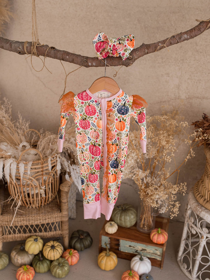 Patch Perfect topknot headwrap styled with the matching pumpkin onesie - Before & Ever Kids