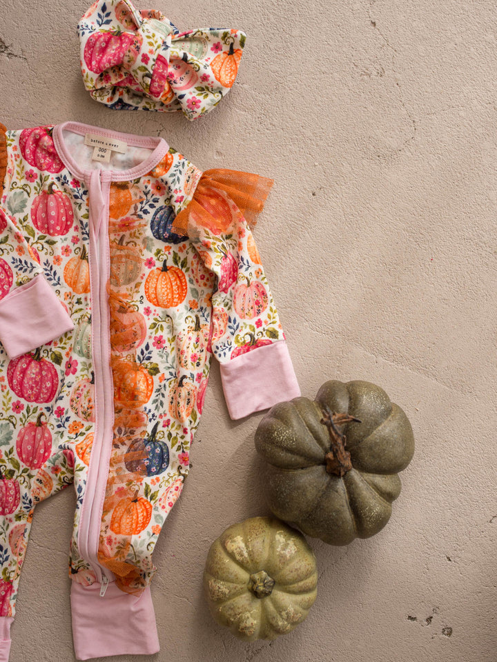 Patch Perfect pumpkin topknot headwrap with its matching baby girl onesie - Before & Ever Kids