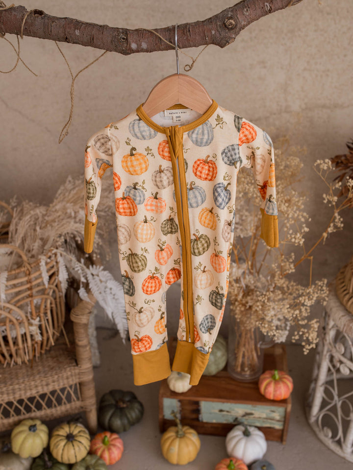 Patch Ready gingham pumpkin zip onesie for baby boy with mustard trim, front view - Before & Ever Kids