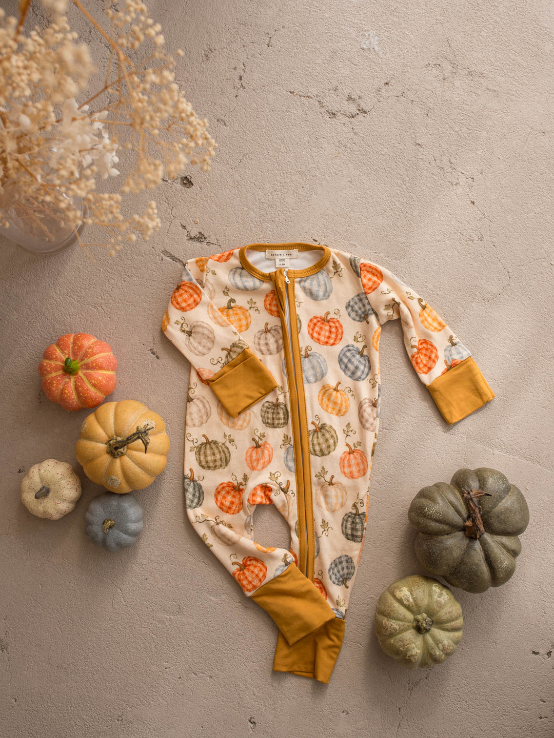 Patch Ready gingham pumpkin baby boy bamboo onesie flat lay - Before & Ever Kids
