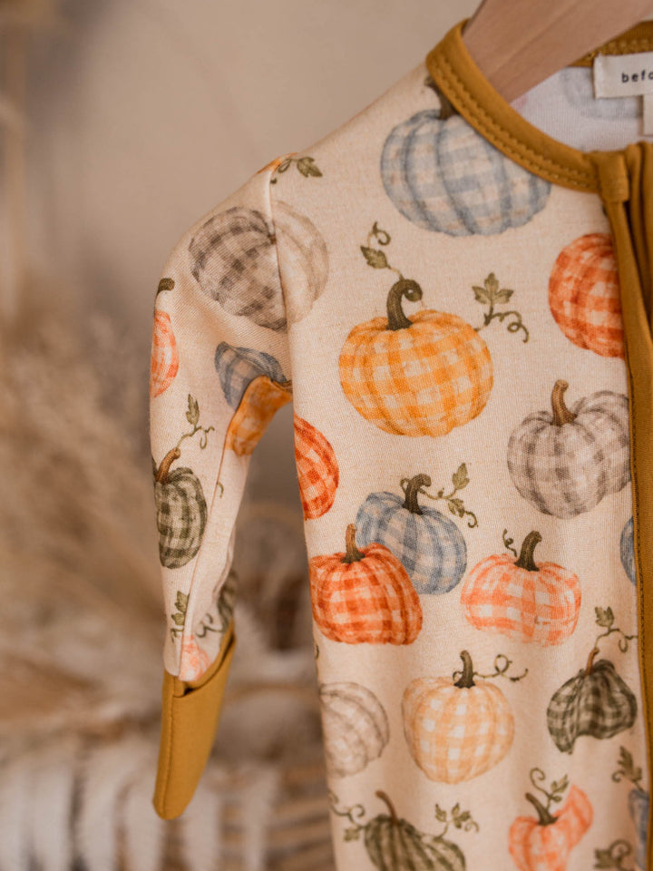 Close up of Patch Ready gingham pumpkin print in orange, blue, grey and butter - Before & Ever Kids