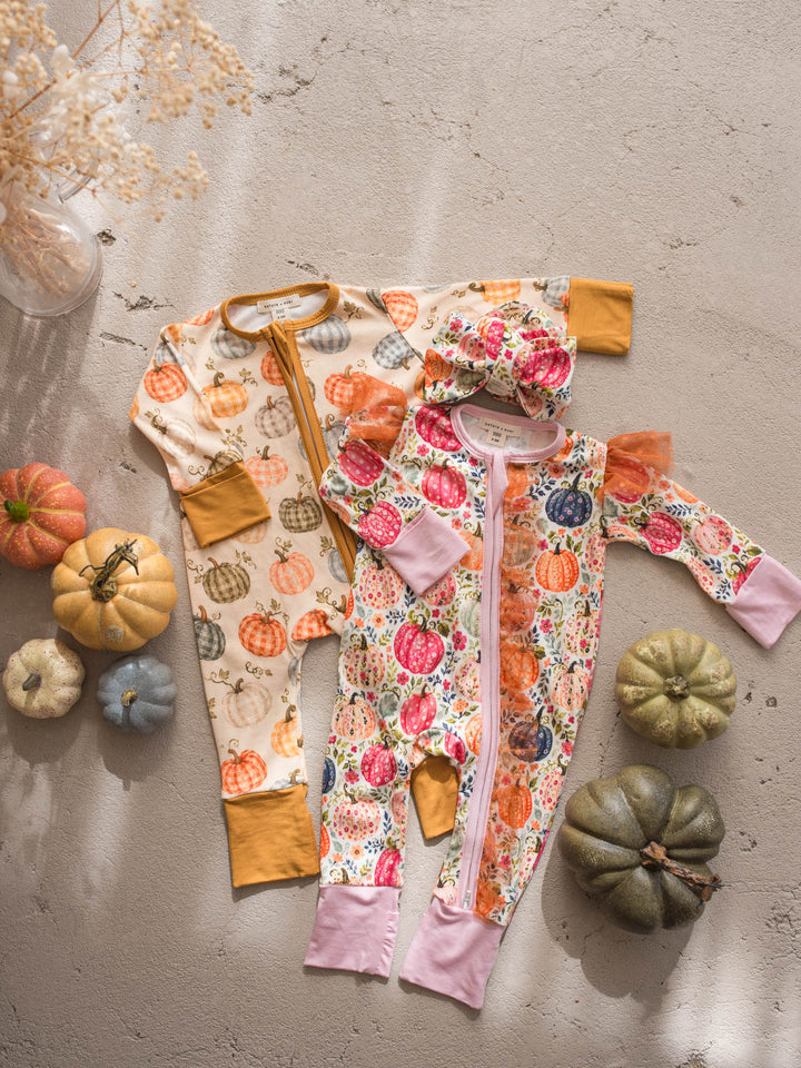 Patch Ready and Patch Perfect pumpkin baby onesies with matching topknot headwrap - Before & Ever Kids