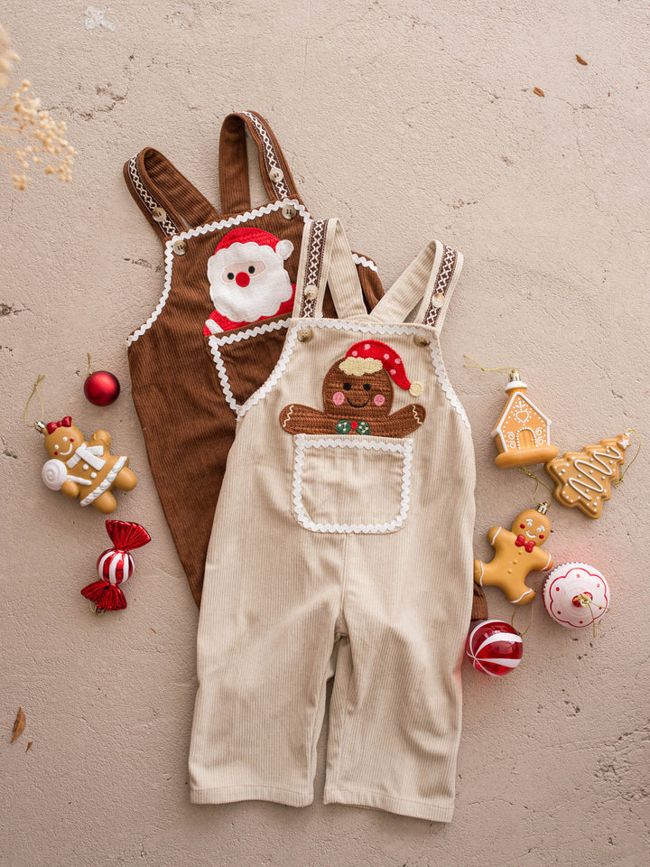 Peekaboo Overall in Gingerbread, cream cotton corduroy overall with a gingerbread man pocket, laid flat, full front, gingerbread man appliqué in the front pocket - Before & Ever Kids