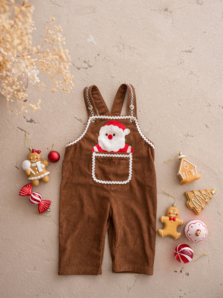 Peekaboo Overall in Santa, chocolate cotton corduroy overall with a Santa face pocket, laid flat, full front, Santa face appliqué in the front pocket - Before & Ever Kids