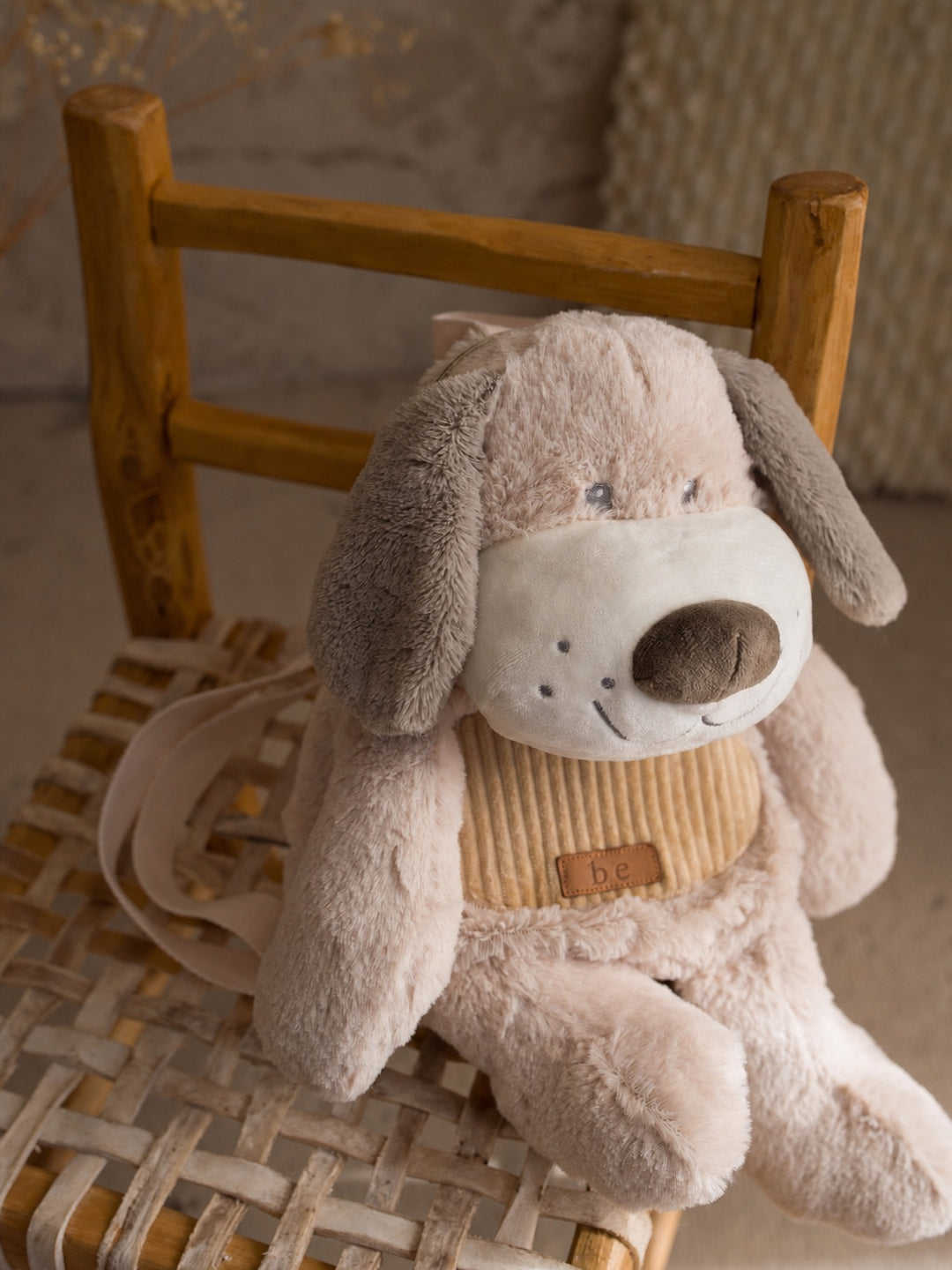 Pip the Puppy plush backpack for kids, close up of the puppy face and corduroy front - Before & Ever Kids