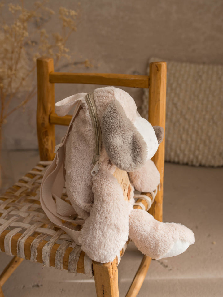 Pip the Puppy plush backpack for kids, side view showing the zip along the back - Before & Ever Kids