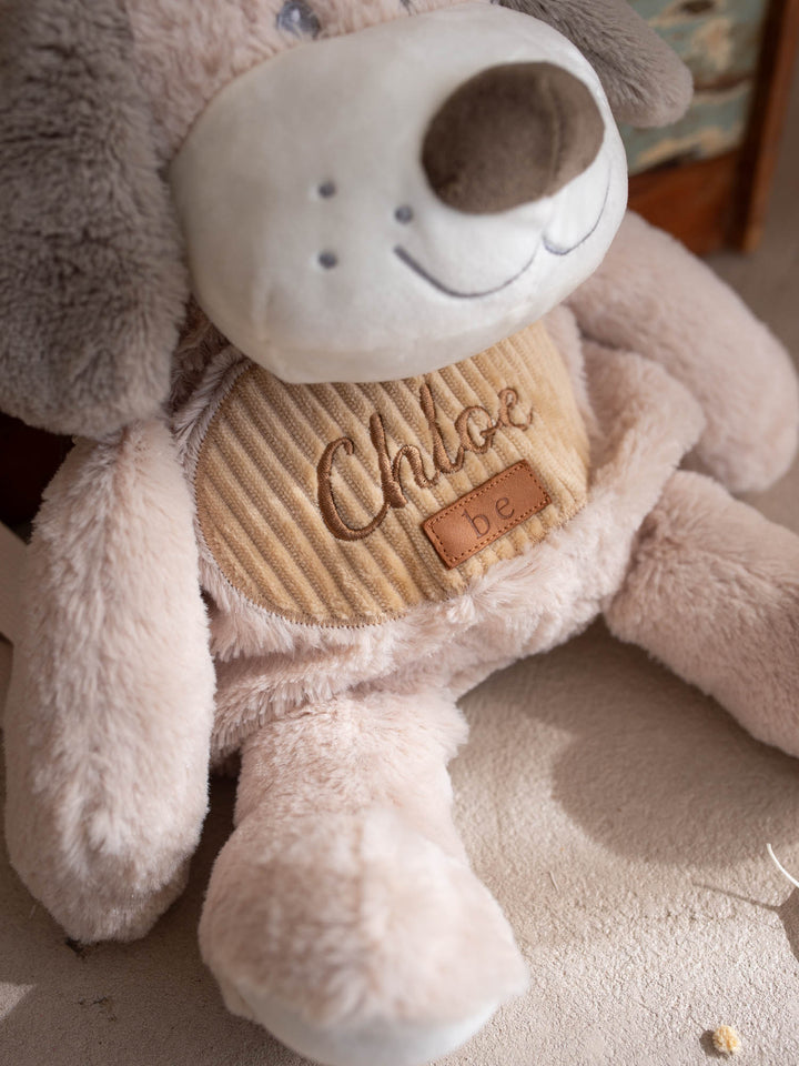Pip the Puppy personalised Little BFF Sidekick Backpack, close up of the face and the embroidered tummy panel