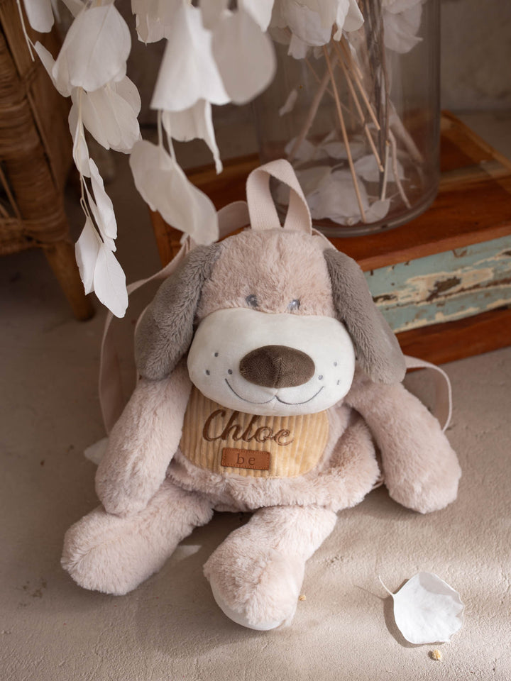 Pip the Puppy personalised Little BFF Sidekick Backpack, front view with the embroidered name on the corduroy tummy panel