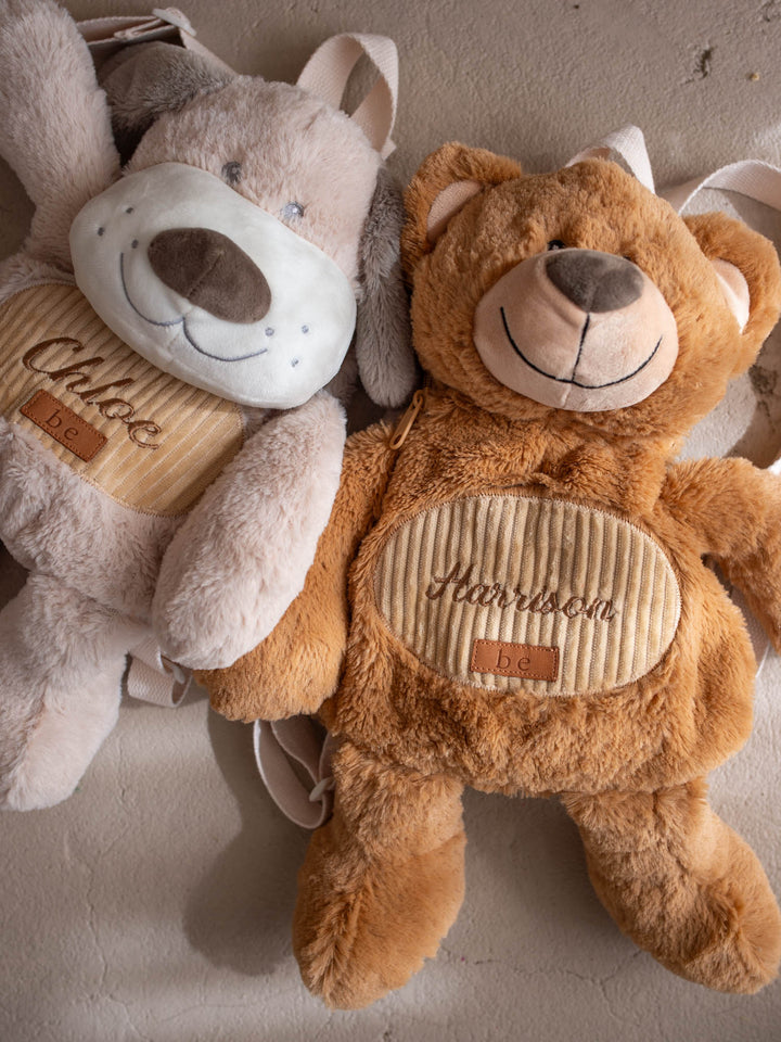 Pip the Puppy personalised Little BFF Sidekick Backpack, close up alongside the other Little BFF sidekick backpack