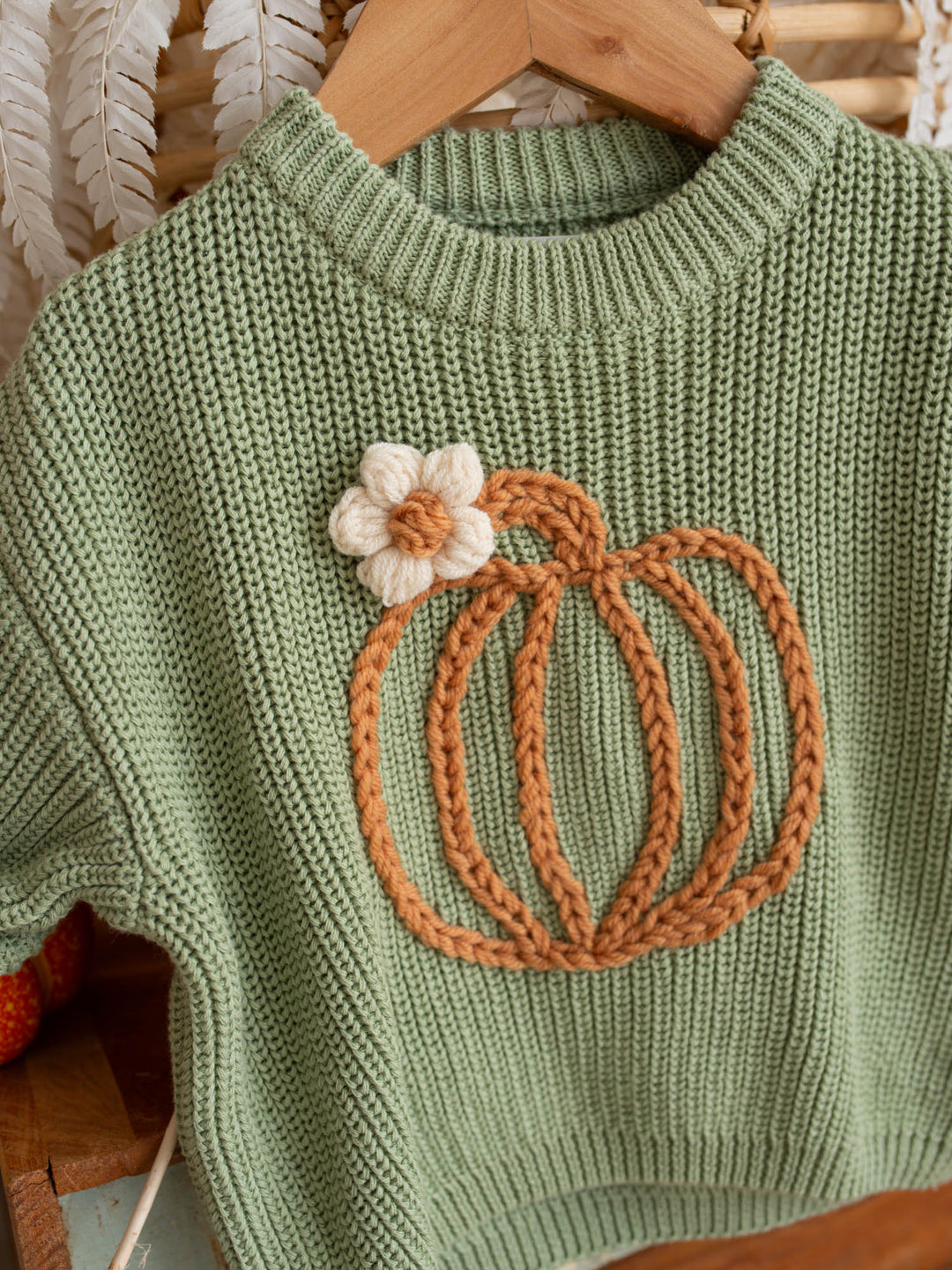 Pumpkin Bloom sage green cotton knit sweater with pumpkin embroidery - Before & Ever Kids