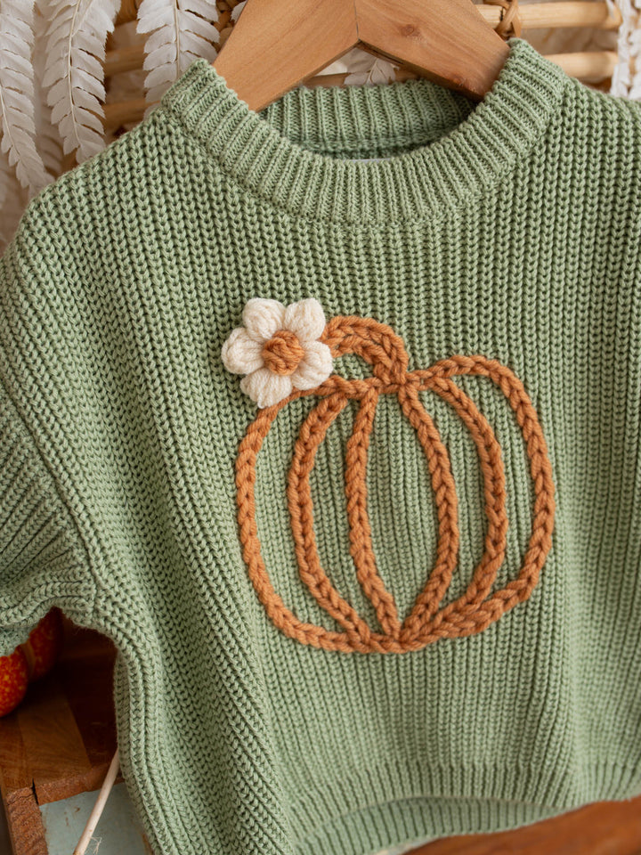 Pumpkin Bloom sage green cotton knit sweater with pumpkin embroidery - Before & Ever Kids