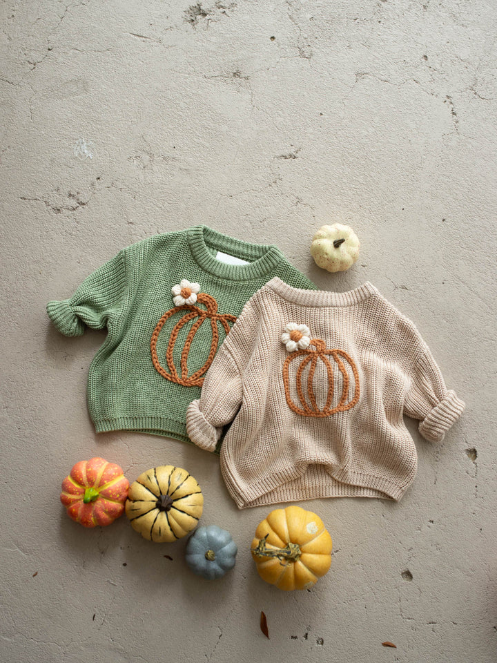 Pumpkin Bloom sage green cotton knit sweater with pumpkin embroidery - Before & Ever Kids