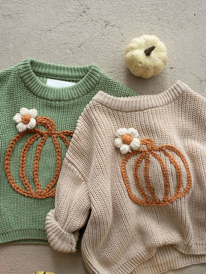 Pumpkin Bloom sage green cotton knit sweater with pumpkin embroidery - Before & Ever Kids