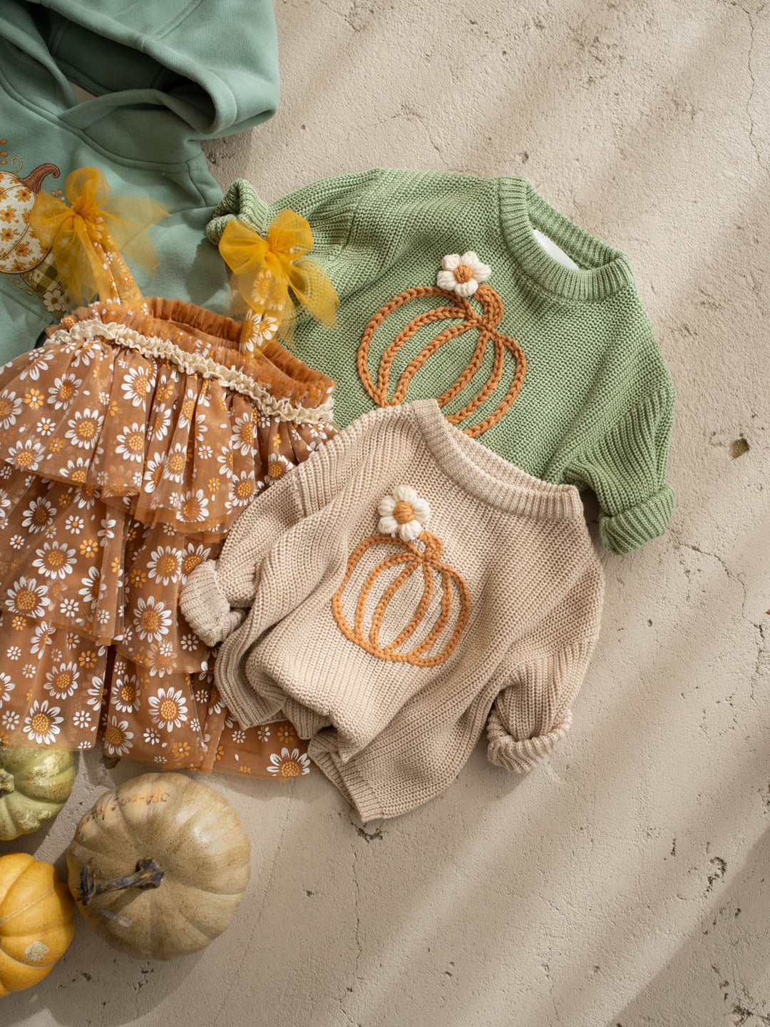 Pumpkin Bloom sage green cotton knit sweater with pumpkin embroidery - Before & Ever Kids