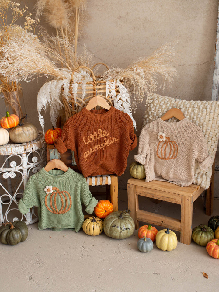 Pumpkin Bloom sage green cotton knit sweater with pumpkin embroidery - Before & Ever Kids