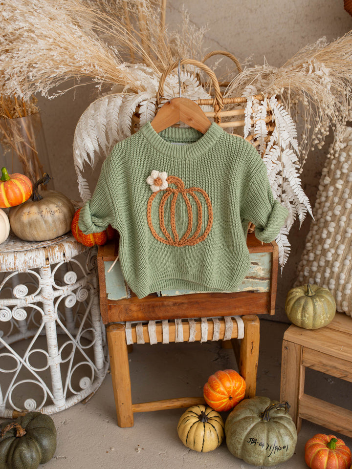 Pumpkin Bloom sage green cotton knit sweater with pumpkin embroidery - Before & Ever Kids