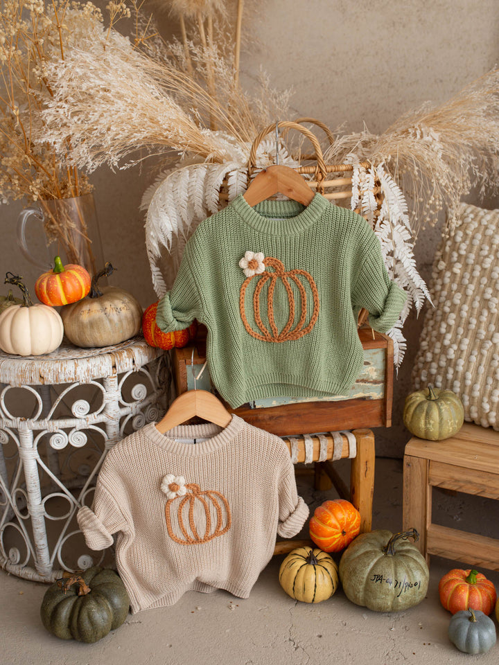 Pumpkin Bloom sage green cotton knit sweater with pumpkin embroidery - Before & Ever Kids