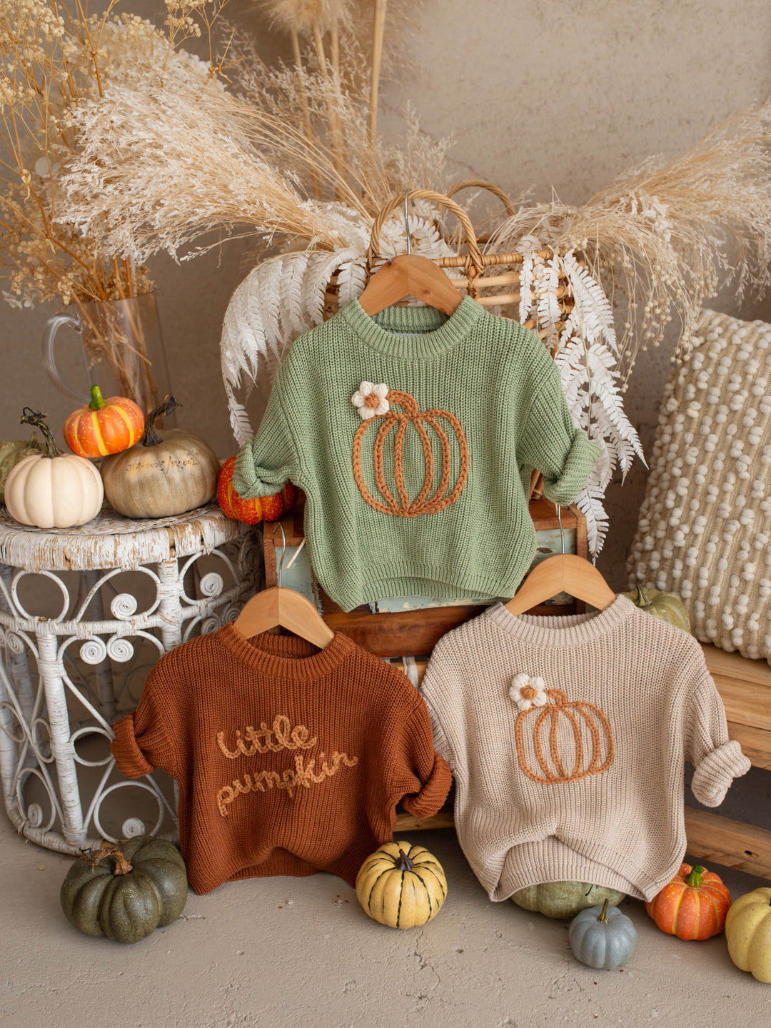 Pumpkin Bloom sage green cotton knit sweater with pumpkin embroidery - Before & Ever Kids