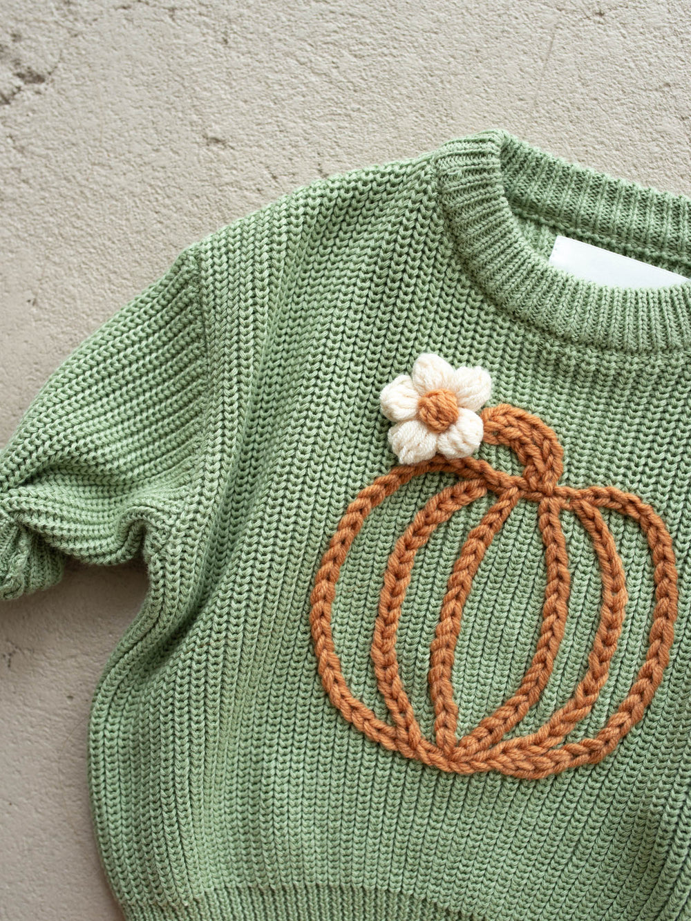 Pumpkin Bloom sage green cotton knit sweater with pumpkin embroidery - Before & Ever Kids