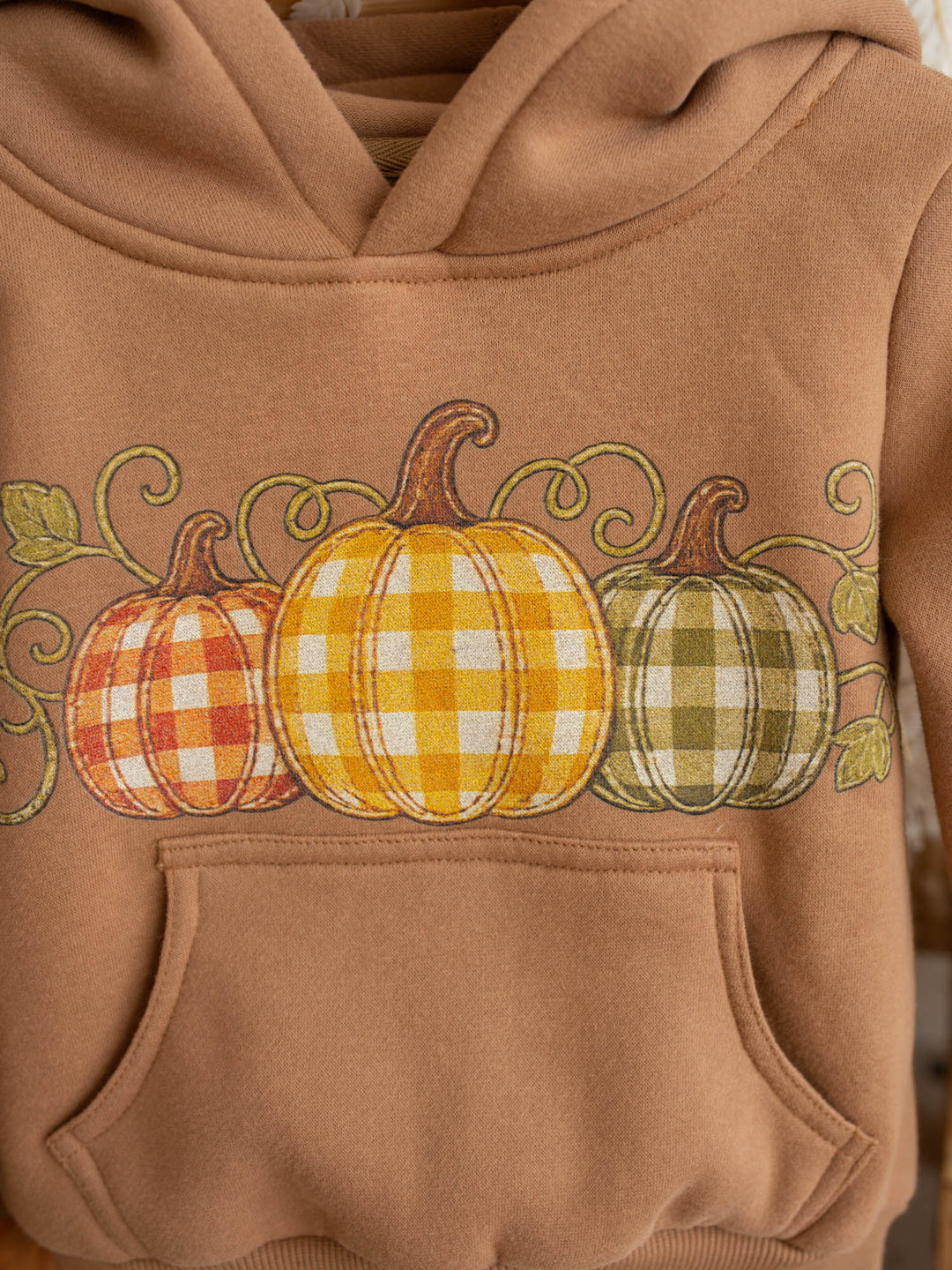 Pumpkin Patch mocha hooded top with pumpkin plaid print - Before & Ever Kids